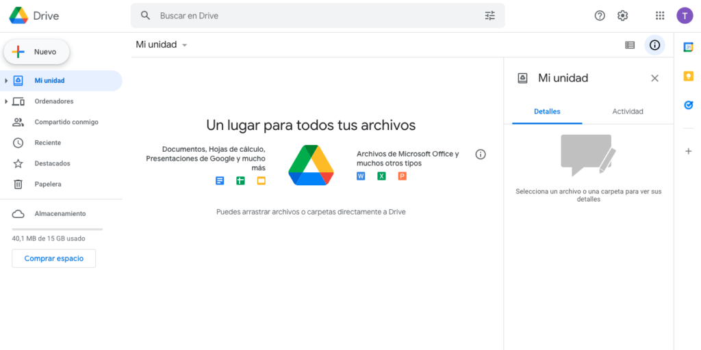 Pantalla principal de Google Drive, mi unidad.