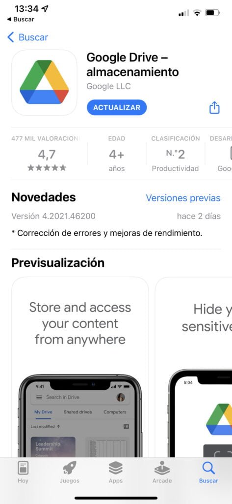 Descarga de la aplicación de Google Drive en iOS a través de la App store.