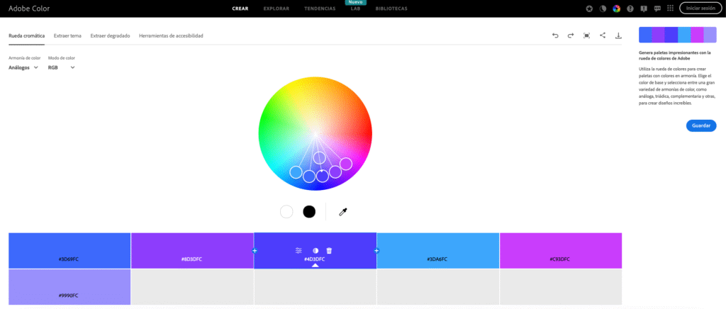 Herramienta Adobe Color para seleccionar paleta de colores web