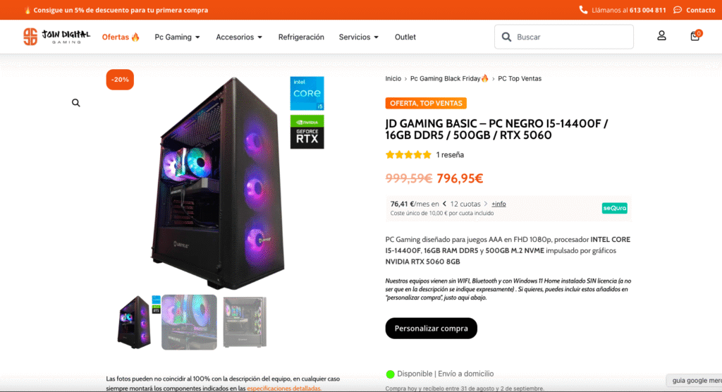 Página de producto optimizada para ecommerce